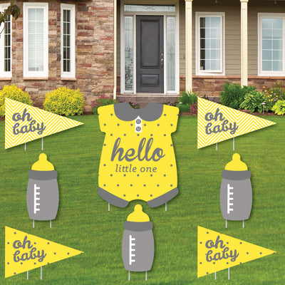 Hello Little One - Yellow and Gray - Yard Sign and Outdoor Lawn Decorations - Neutral Baby Shower Yard Signs - Set of 8