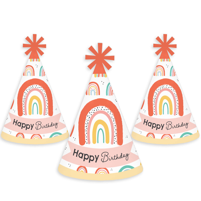 Hello Rainbow - Cone Happy Birthday Party Hats for Kids and Adults - Set of 8 (Standard Size)