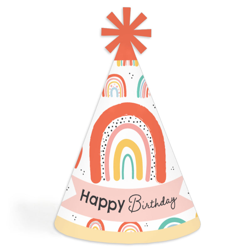 Hello Rainbow - Cone Happy Birthday Party Hats for Kids and Adults - Set of 8 (Standard Size)