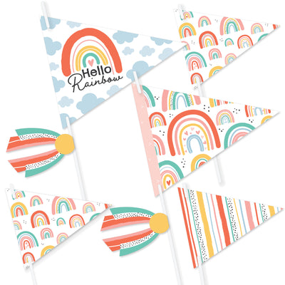 Hello Rainbow - Triangle Boho Baby Shower and Birthday Party Photo Props - Pennant Flag Centerpieces - Set of 20