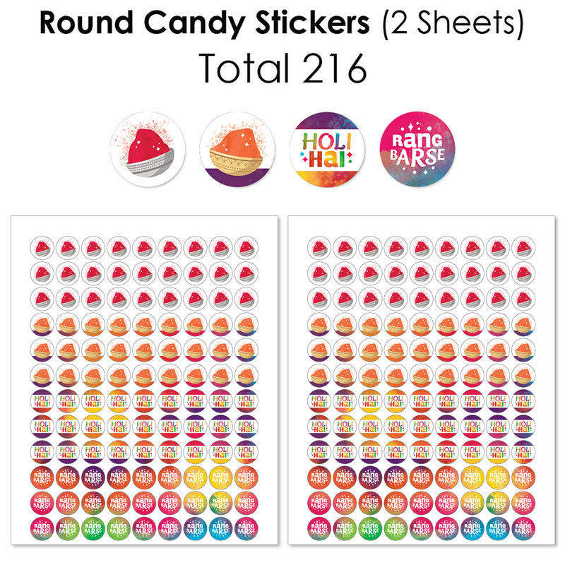 Holi Hai - Mini Candy Bar Wrappers, Round Candy Stickers and Circle Stickers - Festival of Colors Party Candy Favor Sticker Kit - 304 Pieces