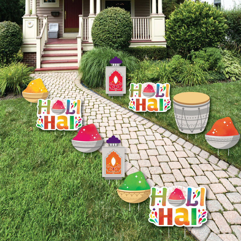 Holi Hai - Lanterns, Drum, Red, Yellow, Orange, and Green Gulal Bowls Lawn Decorations - Outdoor Festival of Colors Party Yard Decorations - 10 Piece