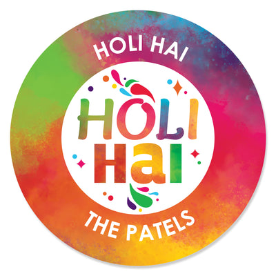 Personalized Holi Hai - Custom Festival of Colors Party Favor Circle Sticker Labels - Custom Text - 24 Count