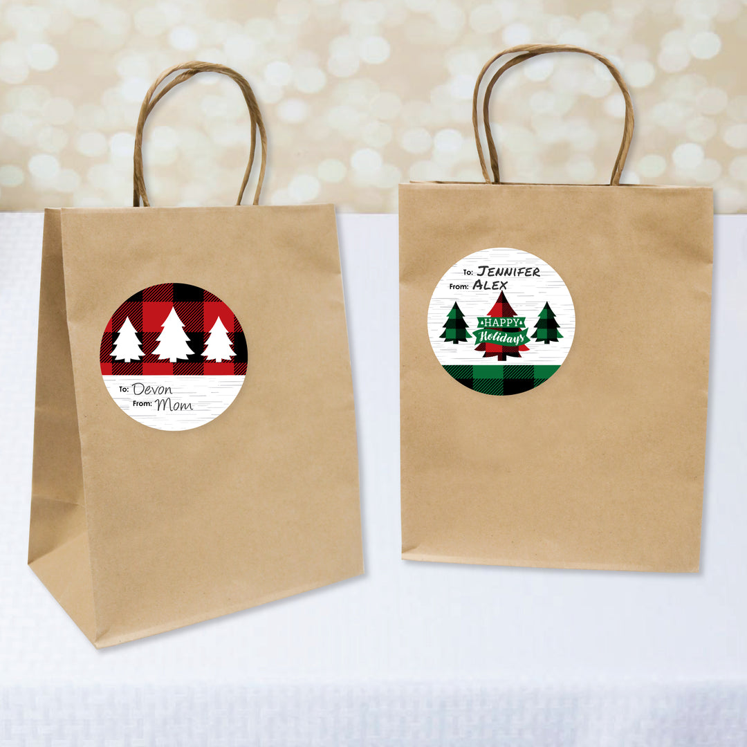 Holiday Plaid Trees - Round Buffalo Plaid Christmas Party To and From Gift Tags - Large Stickers - Set of 8