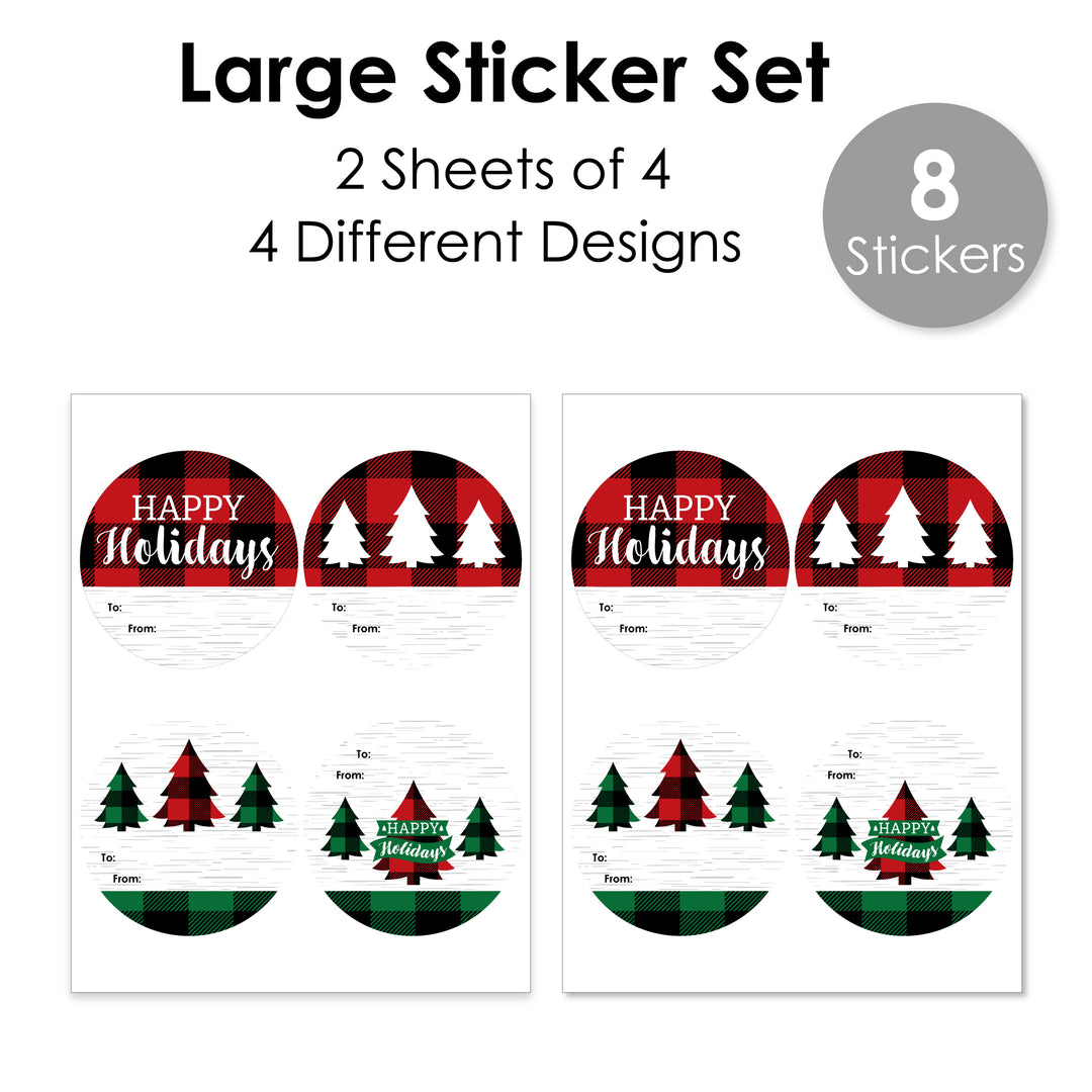 Holiday Plaid Trees - Round Buffalo Plaid Christmas Party To and From Gift Tags - Large Stickers - Set of 8