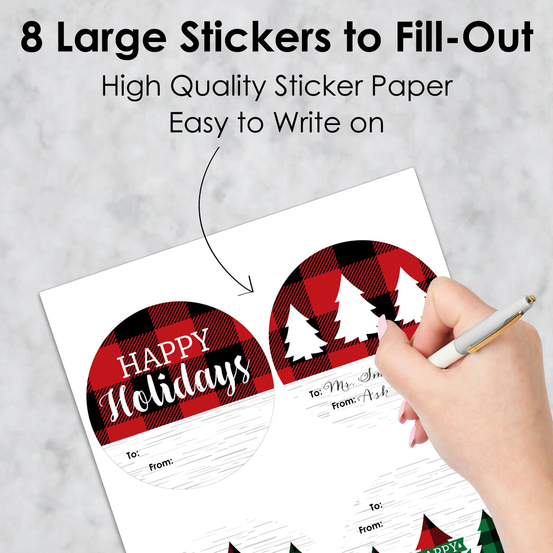 Holiday Plaid Trees - Round Buffalo Plaid Christmas Party To and From Gift Tags - Large Stickers - Set of 8