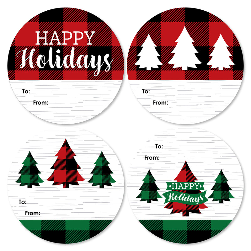Holiday Plaid Trees - Round Buffalo Plaid Christmas Party To and From Gift Tags - Large Stickers - Set of 8