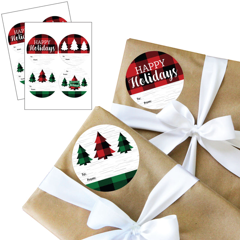 Holiday Plaid Trees - Round Buffalo Plaid Christmas Party To and From Gift Tags - Large Stickers - Set of 8