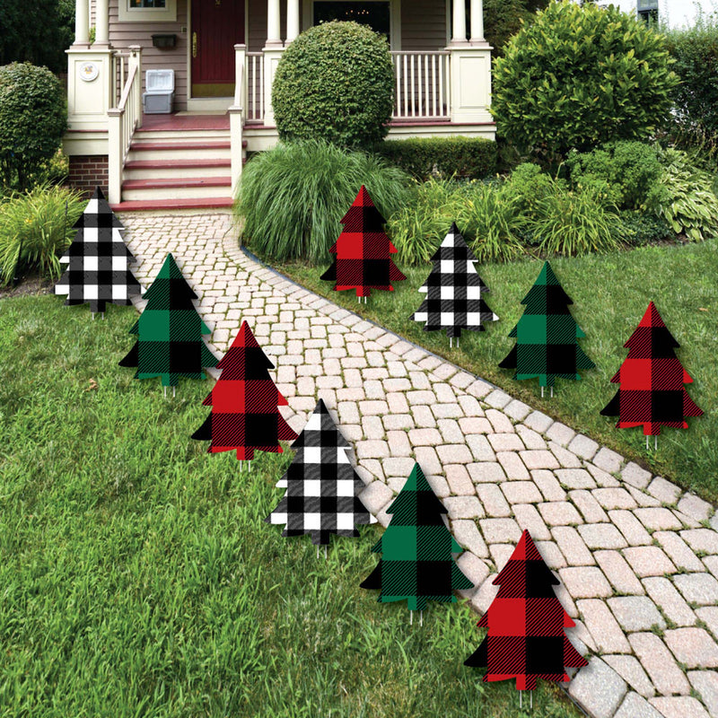 Holiday Plaid Trees - Lawn Decorations - Outdoor Buffalo Plaid Christmas Party Yard Decorations - 10 Piece