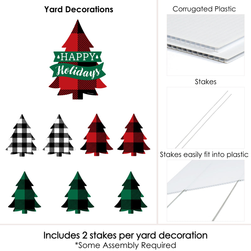 Holiday Plaid Trees - Yard Sign & Outdoor Lawn Decorations - Buffalo Plaid Christmas Party Yard Signs - Set of 8