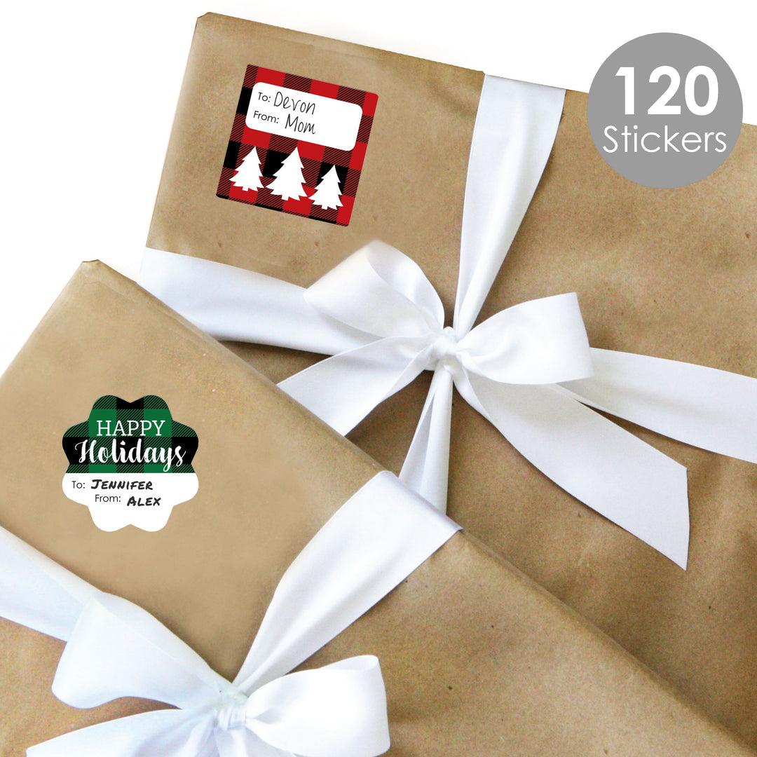 Holiday Plaid Trees - Assorted Buffalo Plaid Christmas Party Gift Tag Labels - To and From Stickers - 12 Sheets - 120 Stickers