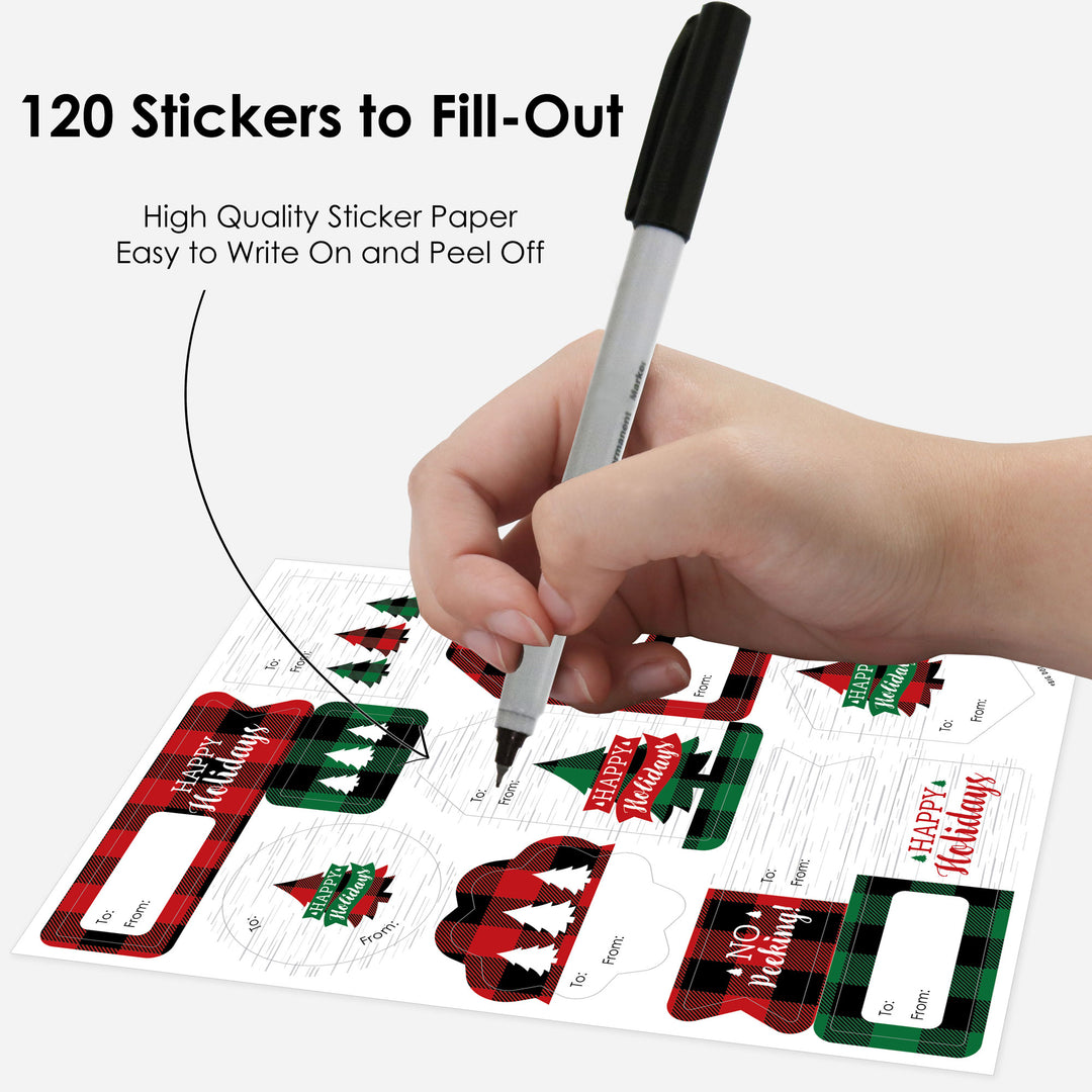 Holiday Plaid Trees - Assorted Buffalo Plaid Christmas Party Gift Tag Labels - To and From Stickers - 12 Sheets - 120 Stickers