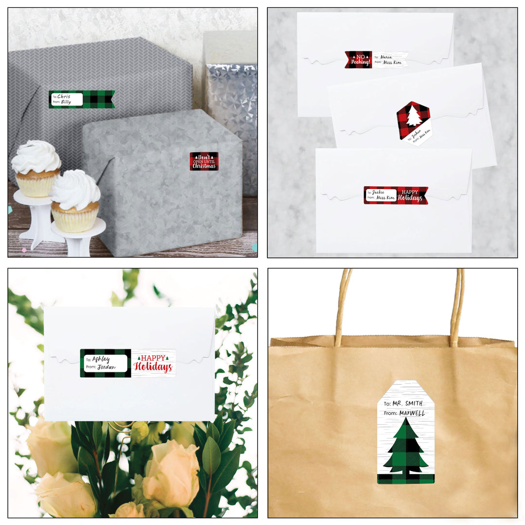 Holiday Plaid Trees - Assorted Buffalo Plaid Christmas Party Gift Tag Labels - To and From Stickers - 12 Sheets - 120 Stickers