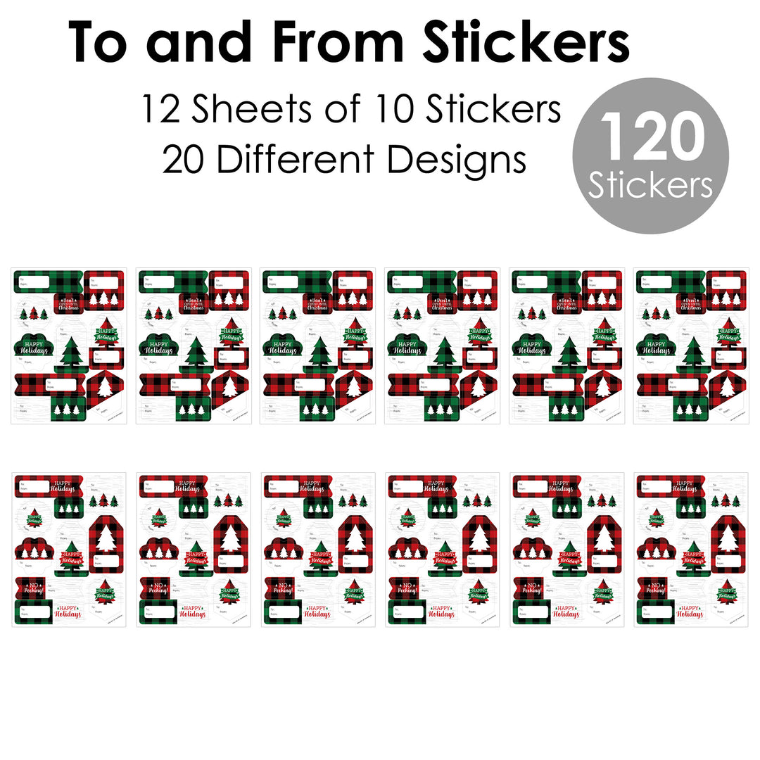 Holiday Plaid Trees - Assorted Buffalo Plaid Christmas Party Gift Tag Labels - To and From Stickers - 12 Sheets - 120 Stickers