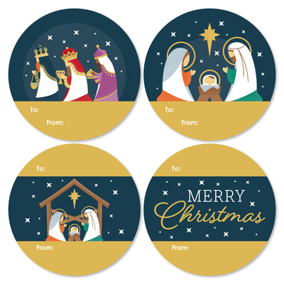 Holy Nativity - Round Manger Scene Religious Christmas To and From Gift Tags - Large Stickers - Set of 8