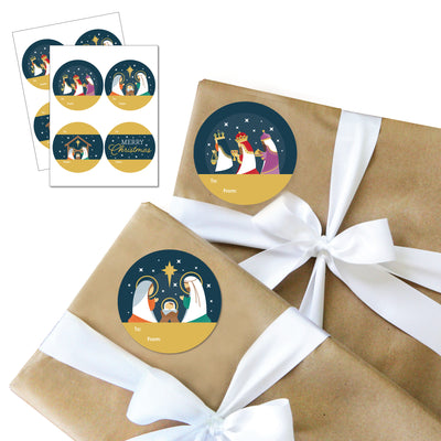 Holy Nativity - Round Manger Scene Religious Christmas To and From Gift Tags - Large Stickers - Set of 8