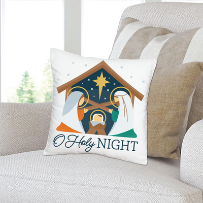 Holy Nativity - Manger Scene Religious Christmas Home Decorative Canvas Cushion Case - Throw Pillow Cover - 16 x 16 Inches