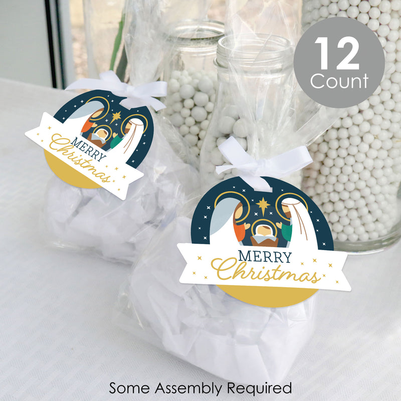 Holy Nativity - Manger Scene Religious Christmas Clear Goodie Favor Bags - Treat Bags With Tags - Set of 12