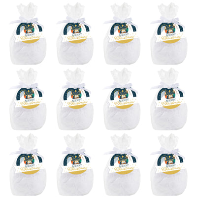 Holy Nativity - Manger Scene Religious Christmas Clear Goodie Favor Bags - Treat Bags With Tags - Set of 12