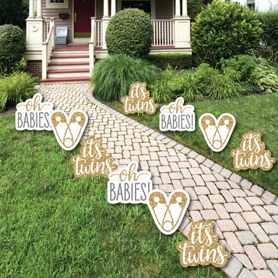 It's Twins - Lawn Decorations - Outdoor Gold Twins Baby Shower Yard Decorations - 10 Piece