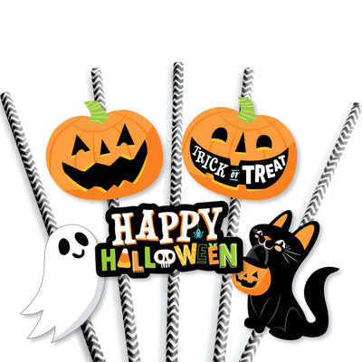 Jack-O'-Lantern Halloween - Paper Straw Decor - Kids Halloween Party Striped Decorative Straws - Set of 24