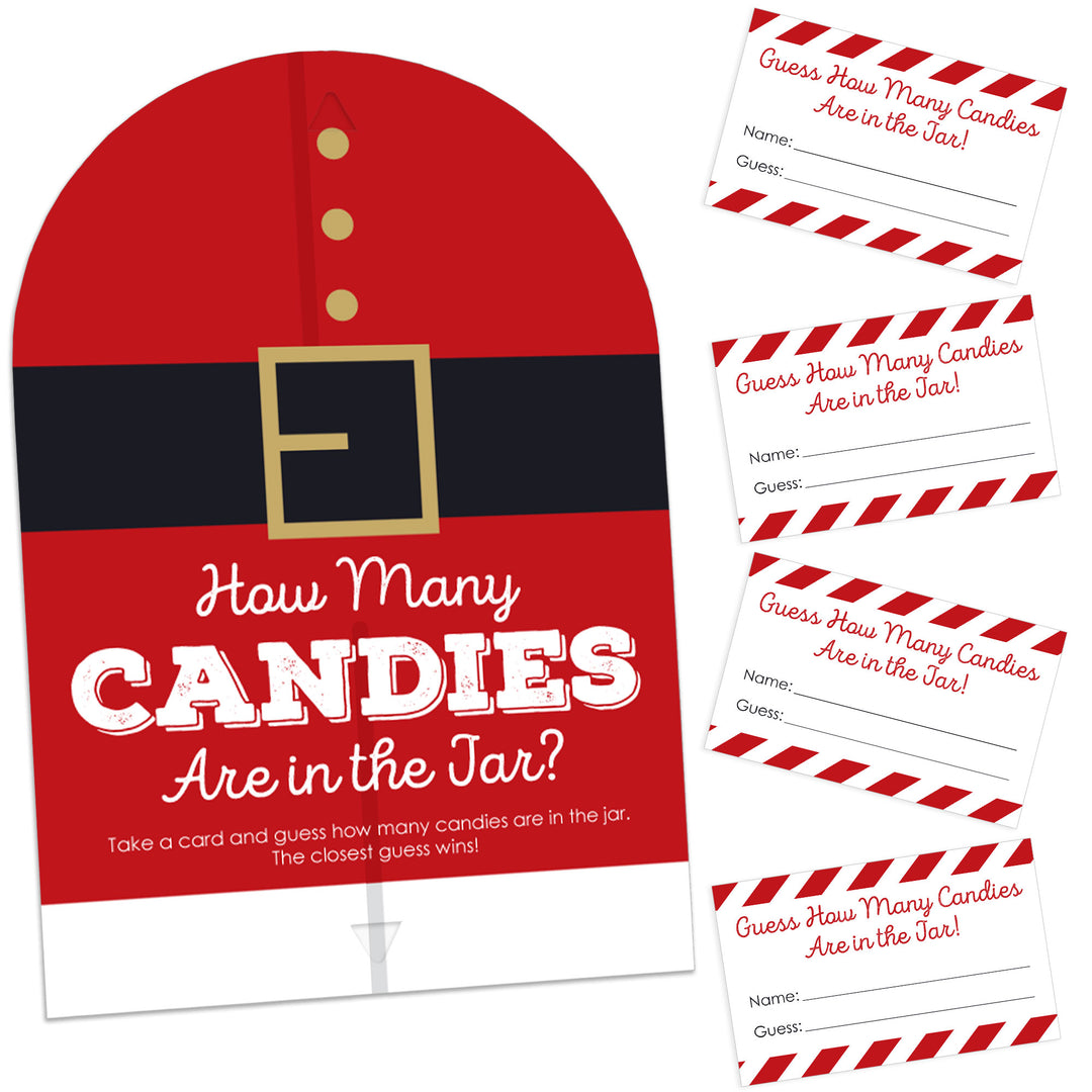 A Christmas party game set which includes a red sign with a Santa Claus design and 40猜测ing cards placed on a white background.