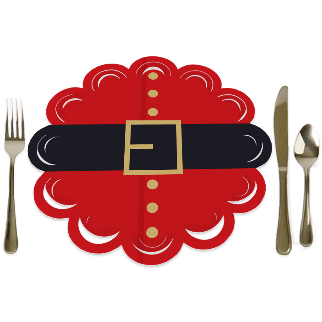 A round red paper charger with a scalloped edge and a central decorative belt buckle design, displayed with a fork on the left and a knife on the right.