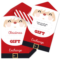 A set of Christmas-themed gift exchange cards with Santa Claus illustrations and text indicating 'Christmas Gift Exchange'. The cards are red with white and black text and accents.