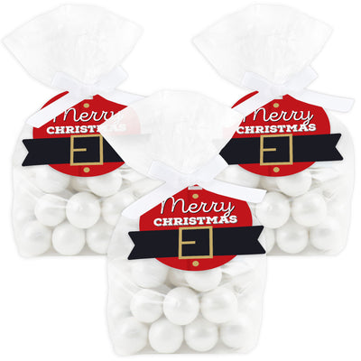 Jolly Santa Claus - Christmas Party Clear Goodie Favor Bags - Treat Bags With Tags - Set of 12