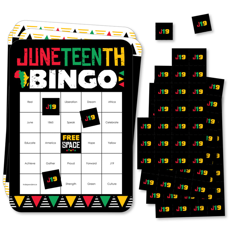 Happy Juneteenth - Bingo Cards and Markers - Freedom Day Party Shaped Bingo Game - Set of 18