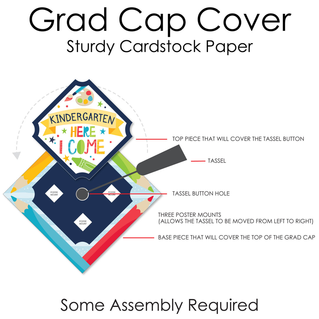 Kindergarten Here I Come - Kids Preschool Graduation Cap Decorations Kit - Grad Cap Cover