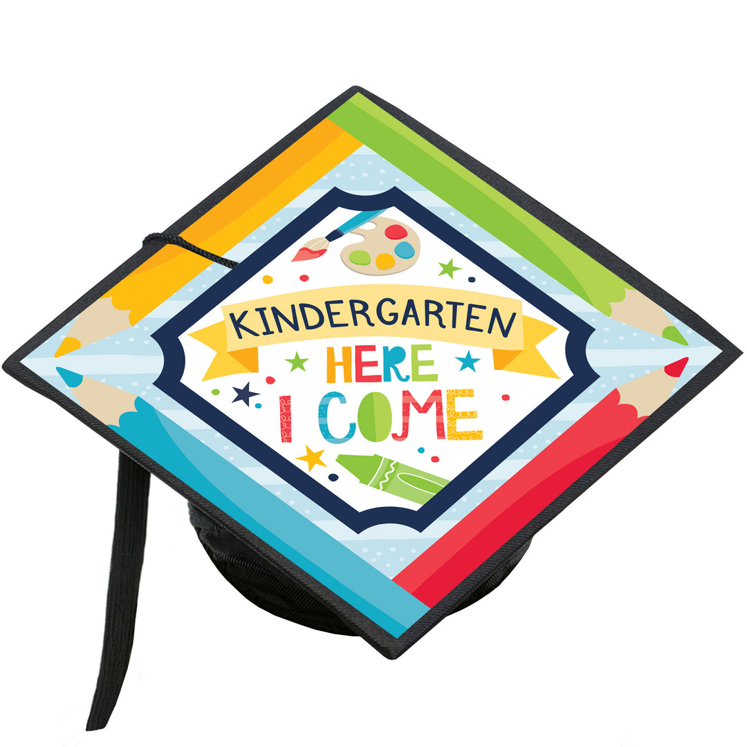 Kindergarten Here I Come - Kids Preschool Graduation Cap Decorations Kit - Grad Cap Cover