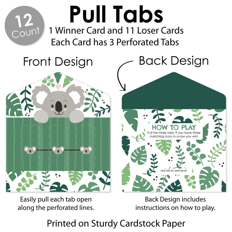 Koala Cutie - Bear Birthday Party and Baby Shower Game Pickle Cards - Pull Tabs 3-in-a-Row - Set of 12