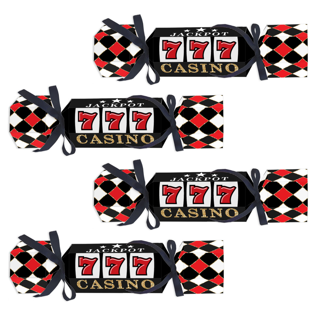 A set of 12 flat, cardstock party favor boxes with a 'Casino' theme, featuring a black, red, and white diamond pattern and slot machine imagery.