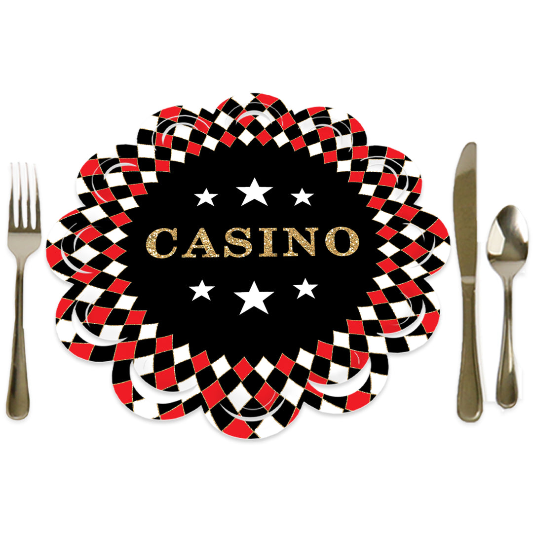 A round paper charger with a black, red, and white checkered border and the word 'CASINO' in the center, presented with a fork on the left and a knife on the right.