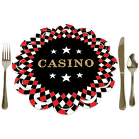 A round paper charger with a black, red, and white checkered border and the word 'CASINO' in the center, presented with a fork on the left and a knife on the right.