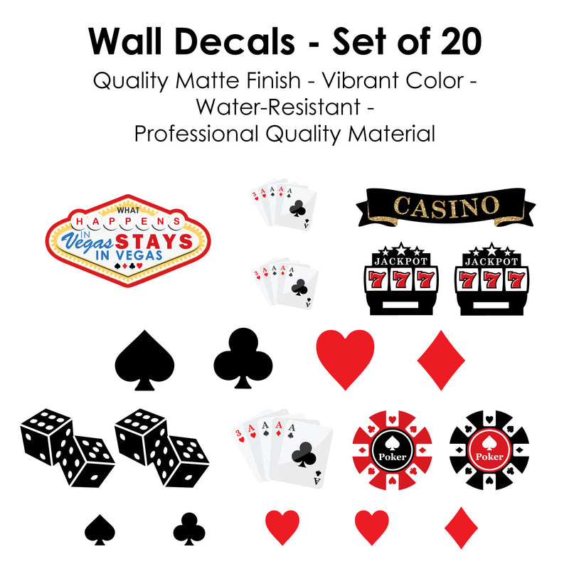 Las Vegas - Peel and Stick Casino Party Vinyl Wall Art Stickers - Wall Decals - Set of 20