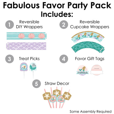 Let's Be Mermaids - Baby Shower or Birthday Party Favors and Cupcake Kit - Fabulous Favor Party Pack - 100 Pieces