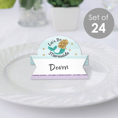 Let's Be Mermaids - Baby Shower or Birthday Party Tent Buffet Card - Table Setting Name Place Cards - Set of 24