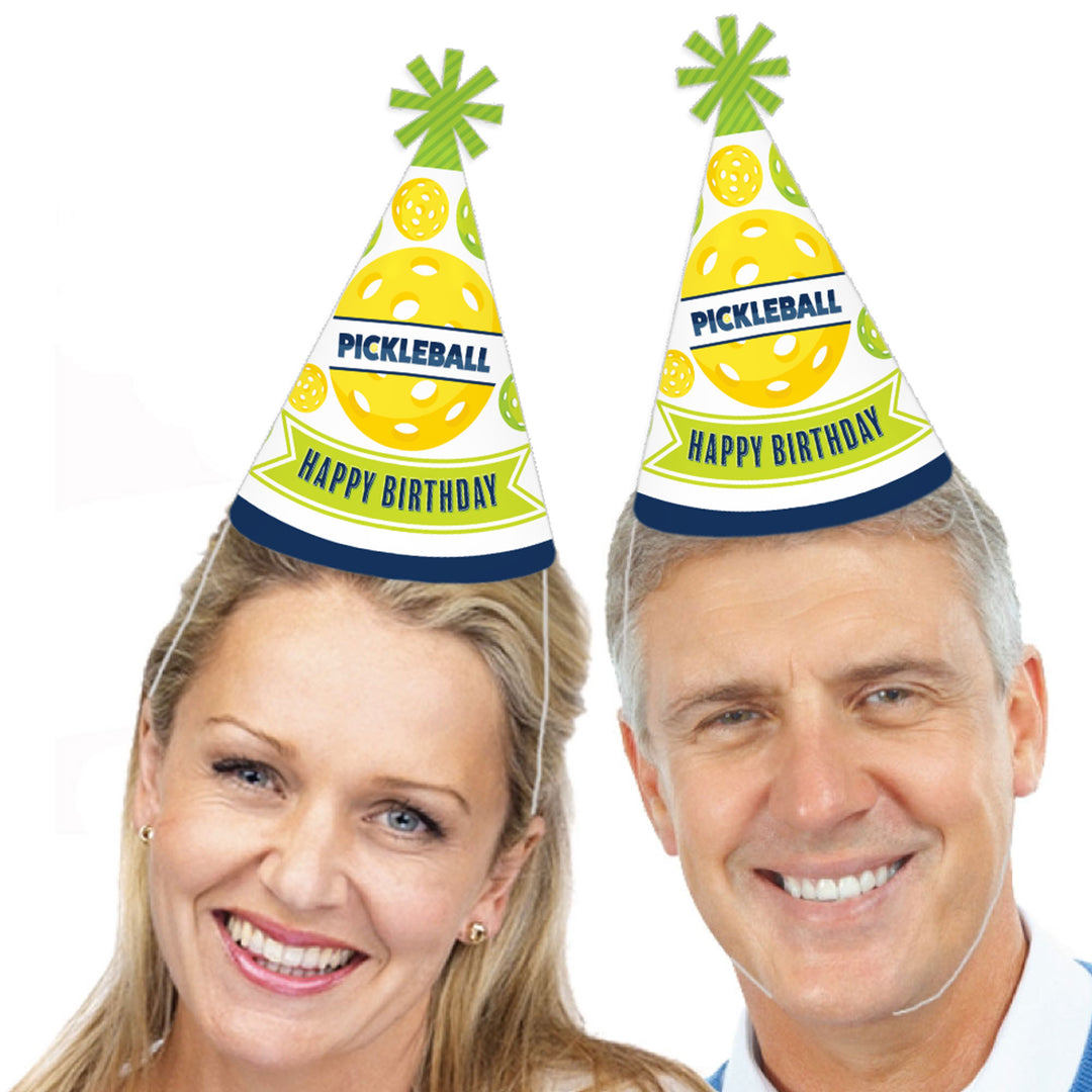 Let's Rally - Pickleball - Cone Happy Birthday Party Hats for Kids and Adults - Set of 8 (Standard Size)
