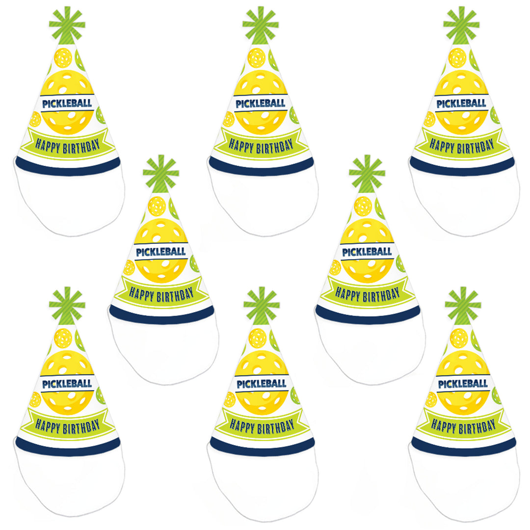 Let's Rally - Pickleball - Cone Happy Birthday Party Hats for Kids and Adults - Set of 8 (Standard Size)