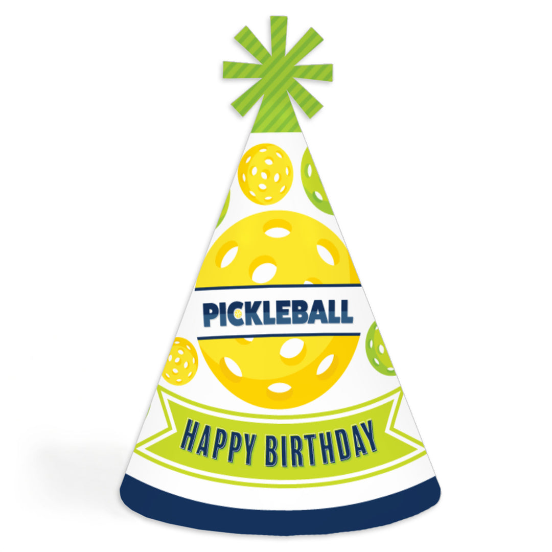 A cone-shaped 'Happy Birthday' party hat with a pickleball theme, featuring yellow and blue colors and an decorative star at the top.