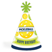 A cone-shaped 'Happy Birthday' party hat with a pickleball theme, featuring yellow and blue colors and an decorative star at the top.
