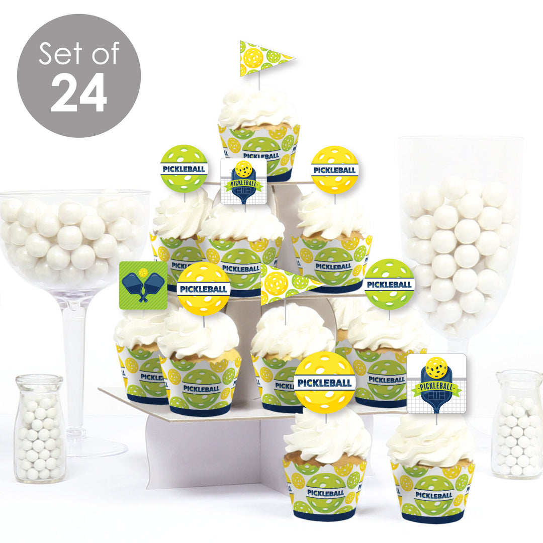 Let's Rally - Pickleball - Cupcake Decoration - Birthday or Retirement Party Cupcake Wrappers and Treat Picks Kit - Set of 24