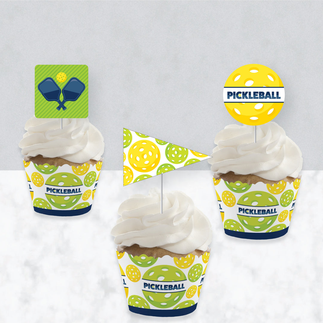 Let's Rally - Pickleball - Cupcake Decoration - Birthday or Retirement Party Cupcake Wrappers and Treat Picks Kit - Set of 24