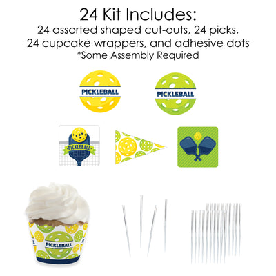 Let's Rally - Pickleball - Cupcake Decoration - Birthday or Retirement Party Cupcake Wrappers and Treat Picks Kit - Set of 24