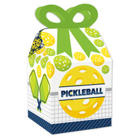 A square favor gift box with a pickleball theme, featuring yellow and green colors and designs, including a pickleball paddle and balls.