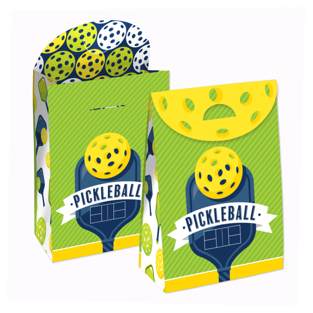 A set of Pickleball-themed birthday or retirement gift favor bags, with green and yellow colors and pickleball designs.