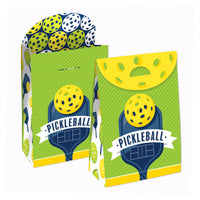 A set of Pickleball-themed birthday or retirement gift favor bags, with green and yellow colors and pickleball designs.