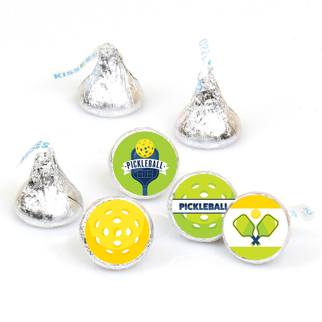 Round candy stickers with Pickleball theme in green, yellow, and white colors, designed for birthday or retirement party favors.